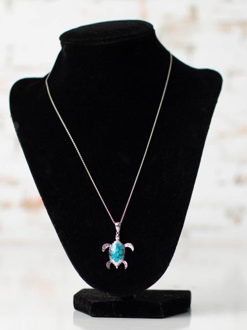 925 Sterling Silver Sea Turtle Necklace Blue Opal Inlay Pendant Ocean Jewelry - Picture 2 of 8